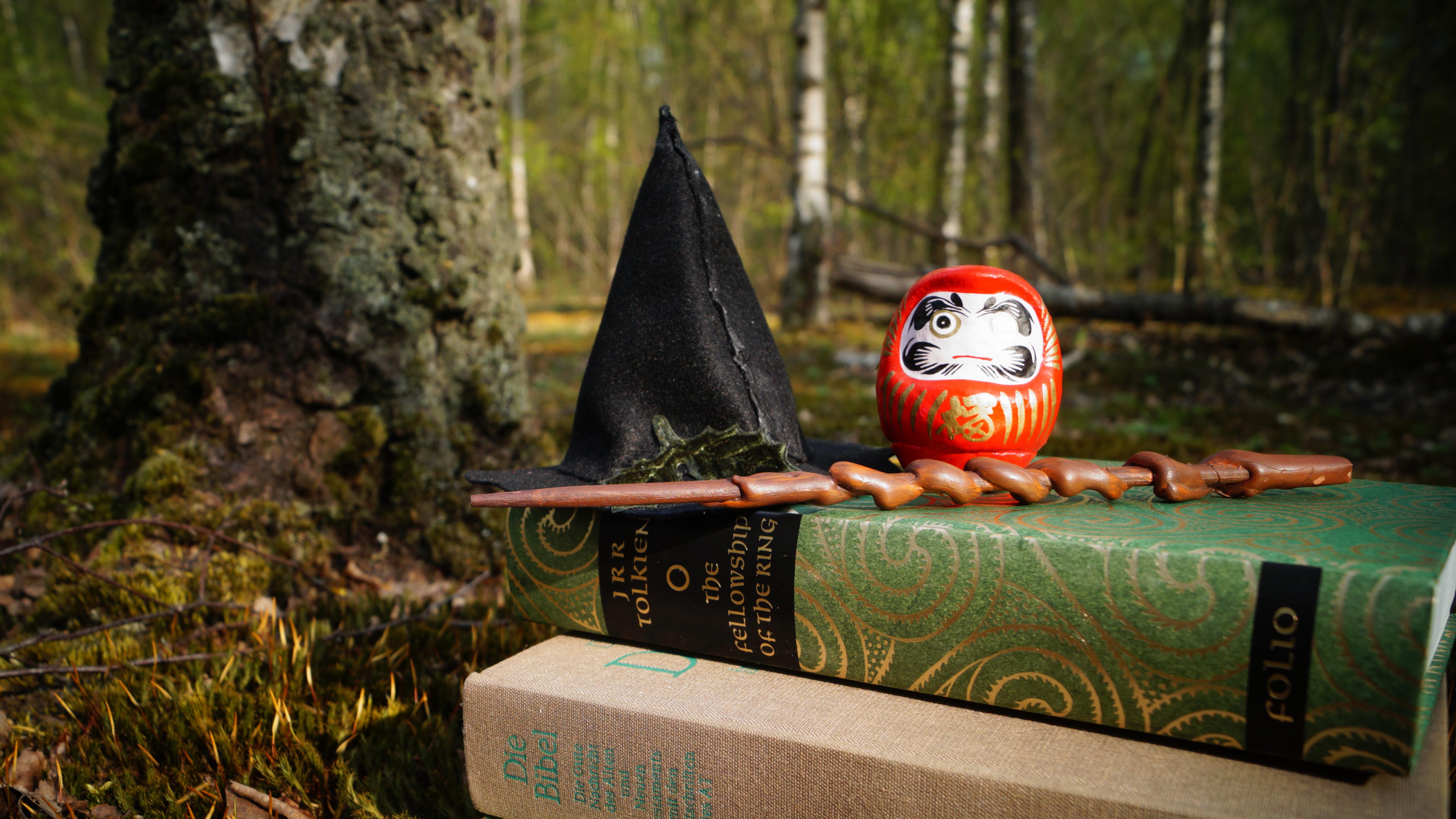 The Bible and Tolkien's "The Fellowship of the Ring" are stacked on top of each other on a mossy forest floor. On top of the Tolkien book are placed: a small, conical, black witch's hat, a magical wand and a small, red Japanese Daruma doll with one eye painted on. Several trees are visible behind the books.. 